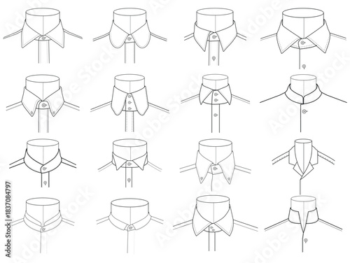 Men’s Shirt Collar Types Vector Set – Fashion Technical Sketches of Formal and Casual Shirt Collars"
