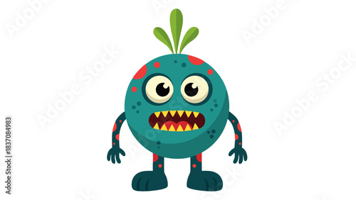 A Teal Round Creature with Red Spots and Green Leaves on Head Stares Forward with Sharp Teeth and Big Eyes Against a Black Background