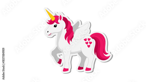 A Stylized White Unicorn With Pink Mane and Tail Wings and Heart Embellishments Standing on a Black Background with Pink Hooves and Pink Accents