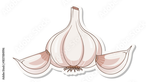A Textured Illustration of a Whole Garlic Bulb with Two Cloves Attached on a Black Background