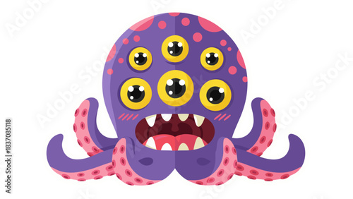 A Whimsical Purple Cartoon Octopus Monster with Many Eyes and Sharp Teeth Grinning Playfully on a Black Background