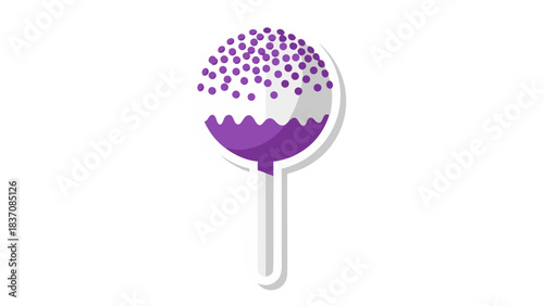 A White Cake Pop Dipped in Purple Icing and Sprinkles on a Stick Against a Black Background