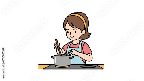 A Woman Wearing An Apron And Headband Cooks Food In A Pot On A Stove With A Wooden Spoon In A Kitchen Setting With A Light Blue Background