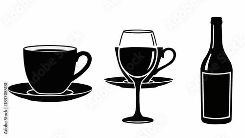 Set of black silhouette beverage icons including cup wine glass and bottle.