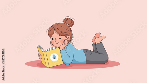 Young cartoon girl with a hair bun reading a book.