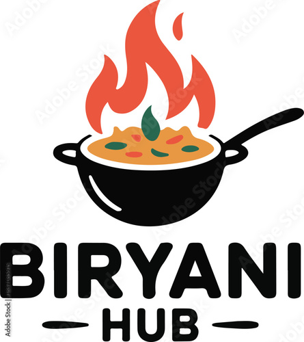 A logo of BIRYANI HUB icluding pot eith flame