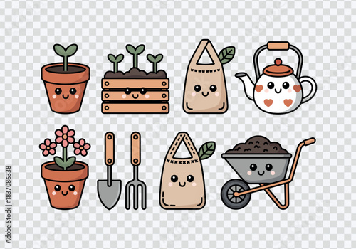 Cute Kawaii Gardening Tools and Plants Icons Set – Adorable Nature Symbols Vector