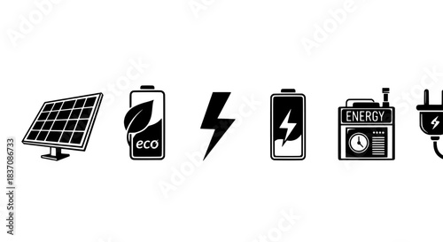 Solar panel and eco-friendly battery charging icons representing renewable energy and power