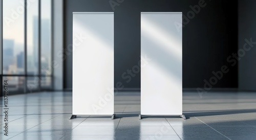Two blank, vertical banners stand in a modern, sunlit room, showcasing a minimalist decor with large windows and polished floors.