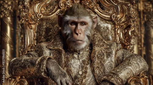 A monkey, attired in opulent gold clothing, sits regally on a gilded throne, gazing directly ahead with a dignified air