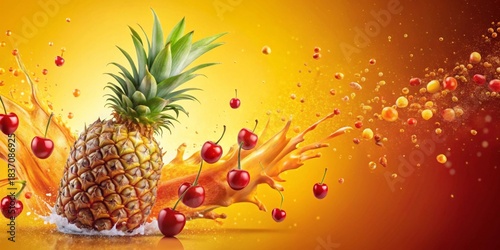 A vibrant pineapple and cherries immersed in a burst of refreshing fruit juice, capturing the essence of a tropical fruit explosion