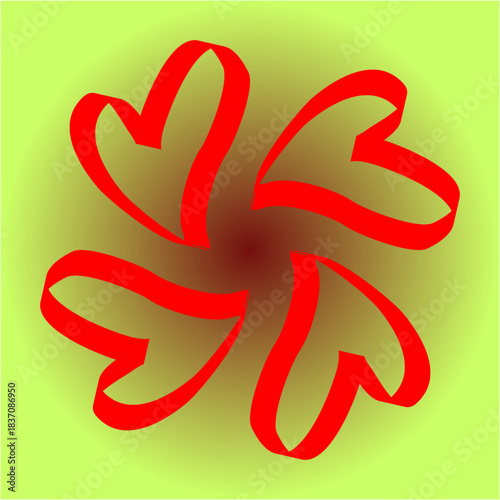 Five vivid red heart-petals swirl around a warm glowing center, forming a playful, energetic symbol of love, motion, unity, and joy.