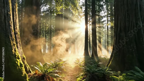Cinematic slow motion shot of early morning sunlight piercing through dense mist and ancient forest canopy creating ethereal light rays light, woods, beauty