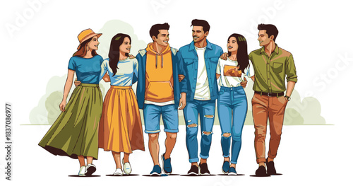 Casual group of smiling students and friends standing together