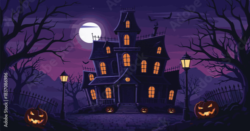 Spooky Halloween night background with haunted house, mansion, and a dark castle silhouette under a full moon