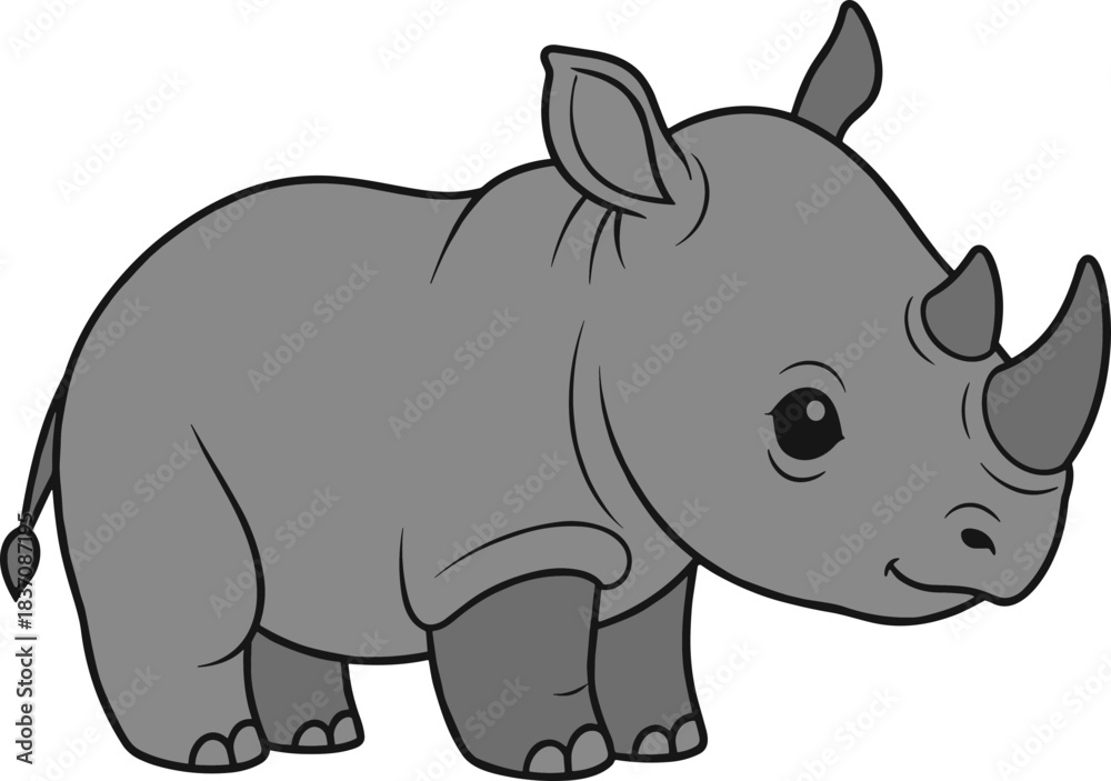 Fototapeta premium Adorable cartoon rhino standing proudly with its small tail and horns.
