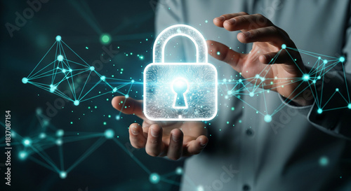 Cybersecurity concept with glowing digital padlock icon, businessman protecting network data security, futuristic information privacy technology, encrypted cloud computing safety