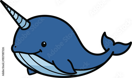 Cute cartoon narwhal swimming with a long spiraled horn and smiling happily.