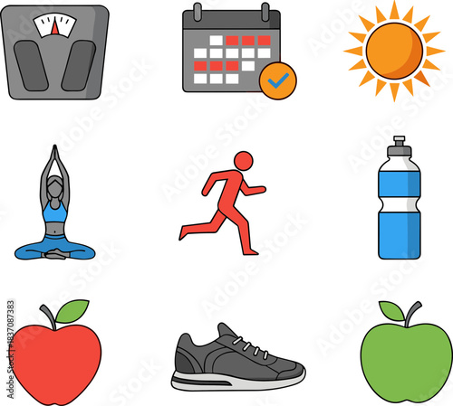 Healthy lifestyle elements for fitness and well being including diet and exercise.