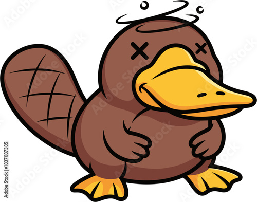 Dizzy Cartoon Platypus with X Eyes and Swirling Lines.