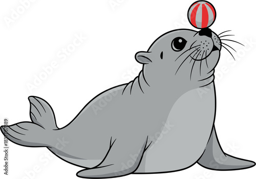 Seal Balancing Ball on Nose Cartoon Illustration.
