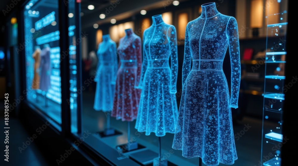 Fototapeta premium AI-Enhanced Fashion Retail Display with Digital Style Suggestions in Urban Storefront