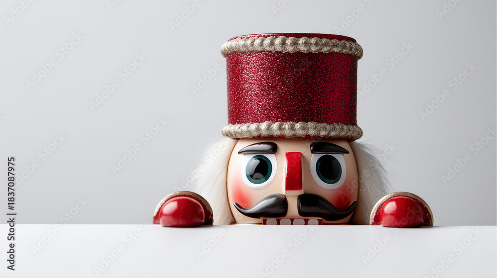 Fototapeta premium photo of an adorable nutcracker peeking over the edge, in a cute pose, on a solid white background, flat lay photography.
