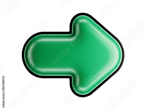 High-gloss, emerald green 3D navigation arrow icon pointing right, representing direction, forward movement, or next button functions. Isolated on transparent.