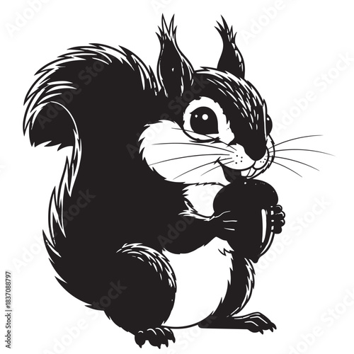 Playful black and white squirrel cartoon nibbling an acorn in a forest scene.
