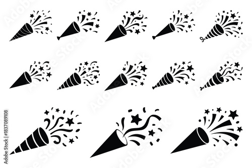 Black party poppers exploding confetti and stars celebration