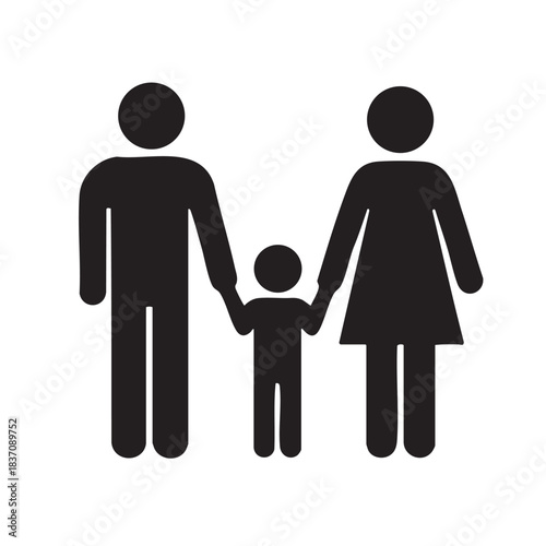 A simple black silhouette depicting a family of three holding hands representing unity and togetherness