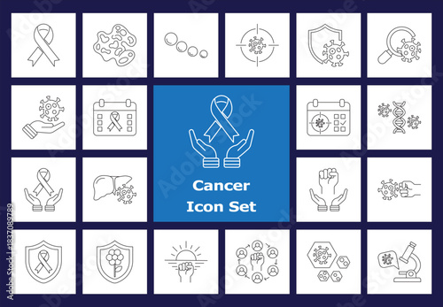 Cancer Icon Set: A collection of meticulously crafted icons represents various aspects of cancer awareness, research, and support. Symbolic images evoke strength, hope.