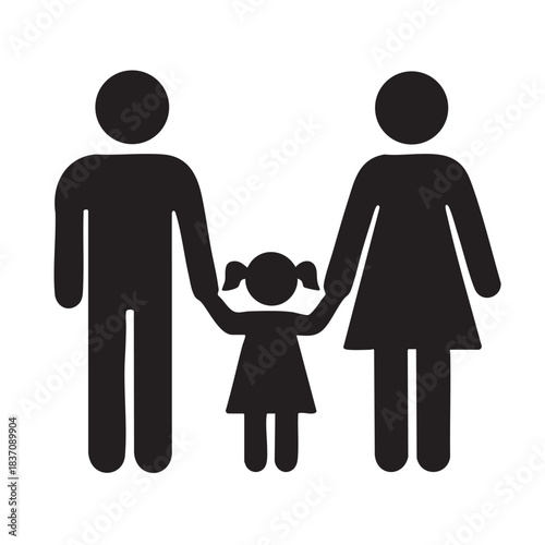 A simple black and white pictogram depicts a family unit consisting of a mother a father and their child together