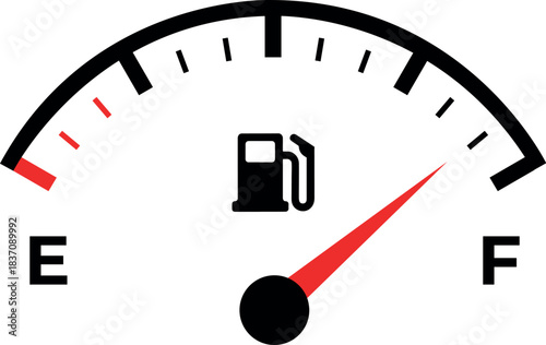 Fuel gauge icon showing empty tank symbol for low gasoline or energy level isolated on white background