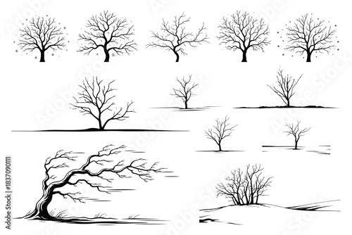 Black silhouette bare trees and snowflakes on white background