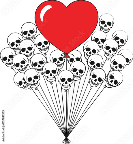 Red heart crown on detailed skull, romantic gothic skeleton illustration with hearts floating upward, Valentine’s Day dark love design on white background.