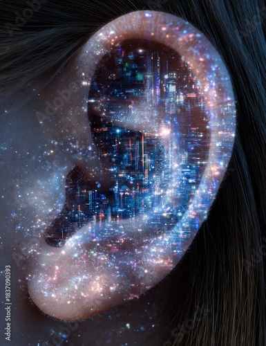 A human ear, overlaid with a city scape at night, glowing with a starry effect