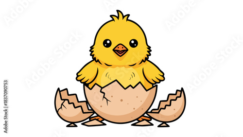 Adorable Yellow Chick Hatching From Cracked Eggshell Isolated on Black Background Simple Cute Cartoon Style Illustration