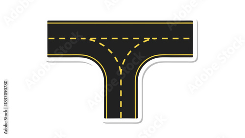 Aerial View of a T Junction Road Intersection Showing Two Lanes Merging Separating with Yellow and White Lines on Asphalt Surface with Black Background