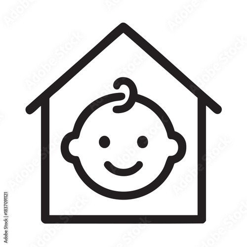 A simple black and white line drawing depicts a house shape containing a smiling baby s face inside