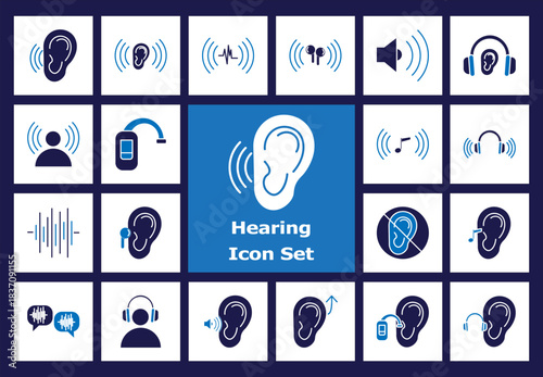 Diverse vector icon set for hearing, ear health, sound technology, and communication, featuring assistive devices, accessibility, and auditory concepts