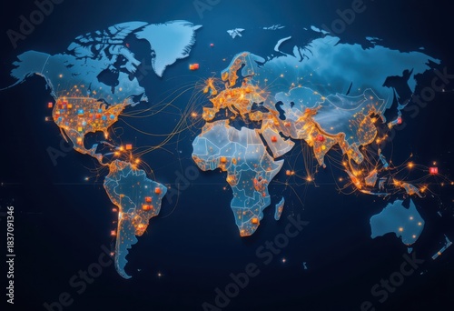 Mapa de rutas de navegación a través de océanos que muestran la logística global y el flujo comercial