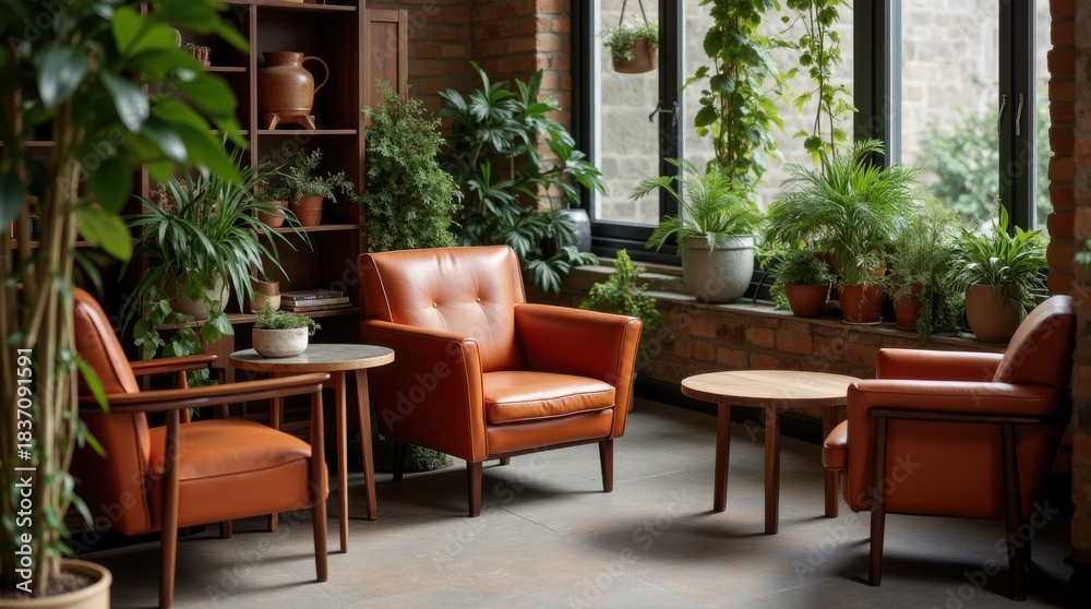 Fototapeta premium Leather chairs and plants in a rustic cafe setting 