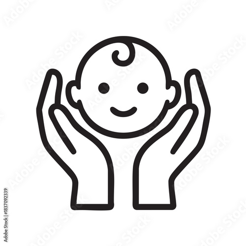 A simple line drawing depicting a baby cradled within protective hands symbolizing care and safety