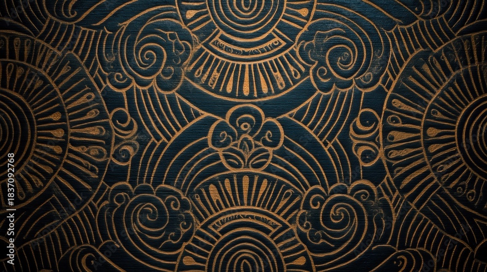 Fototapeta premium Swirls and circular patterns are seen on a textured surface. The design features a combination of gold and blue colors. This artwork is located in an art studio.