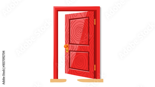 An Open Red Wooden Door with a Golden Knob and Textured Panels Set Against a Simple Brown Floor and Black Background Minimalist Interior Design Element