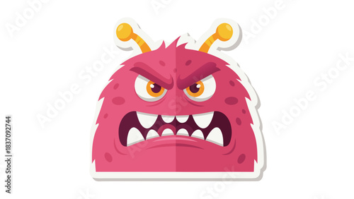 Angry Pink Monster with Yellow Antennas and Jagged Teeth Expressing Fury and Aggression With a Flat Design Style on a Black Background and White Outline