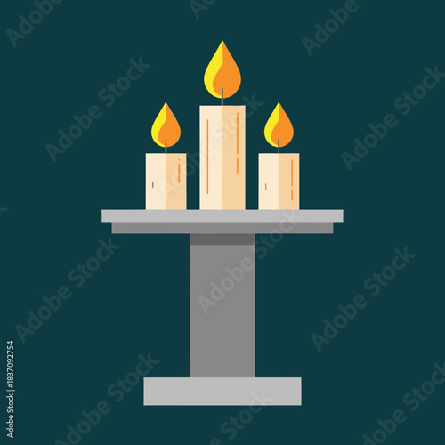 Three lit candles on a gray stand against a dark blue background, simple vector art.