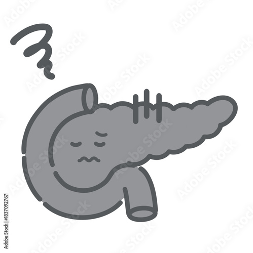 炎症や病気で不調な膵臓のキャラクターイラスト（糖尿病・膵炎）