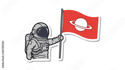 Astronaut in a spacesuit stands holding a red flag with a white ringed planet symbol against a stark black background showcasing a celestial exploration theme